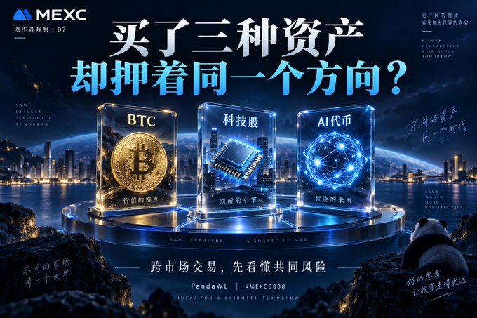 A promotional advertisement from MEXC exchange featuring the text "买了三种资产 却押着同一个方向？" (Bought three assets but betting on the same direction?) and displaying three illuminated cubes representing BTC, tech stocks, and AI tokens, with a panda in the corner.