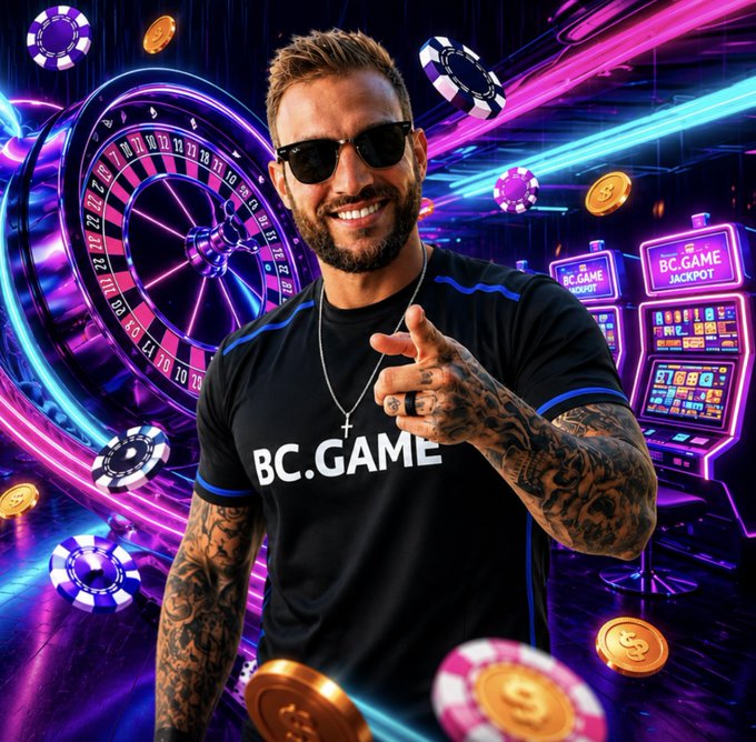 A tattooed man wearing sunglasses and a black 'BC.GAME' t-shirt poses in a neon-lit casino setting with a roulette wheel, poker chips, and slot machines in the background.