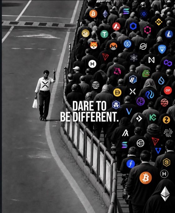 A man with an "X" on his shirt walks against a crowd of people with various crypto logos (Bitcoin, Ethereum, Solana, Shiba, etc.) covering them, with the text "DARE TO BE DIFFERENT" overlaid—visually reinforcing the message that $XRP stands apart from every other cryptocurrency.