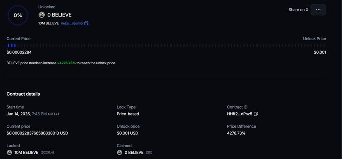 The image shows a screenshot of a computer screen displaying account information related to a cryptocurrency trading platform called "Streamflow Finance". The viewable data includes the account's balance, the price tag for tokens, and the time when the wallet was locked onto the platform due to a failed transaction. In the background, there is a description that reads "Just locked 10M tokens on @Streamflow_Fi unlock mcap target: 1m Believe and manifest app.streamflow.finance/contract/solan ...". The focus of the image is mainly on the screen with relevant information about the account and the trading platform.