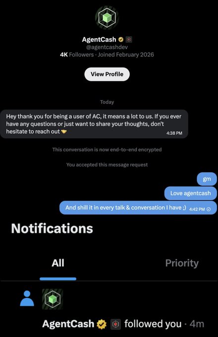 Screenshot of a Twitter DM conversation with 'AgentCash' (@agentcashdev) showing a welcome message and reply messages 'gm' and 'Love agentcash'.