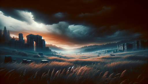A dramatic landscape with dark stormy clouds over a silhouetted castle and Stonehenge-like structures, with golden light breaking through onto a misty field.