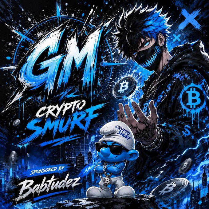 A stylized digital artwork titled 'GM CRYPTO SMURF' sponsored by Babtudez, featuring a masked anime-style character, a Smurf wearing sunglasses and a cap with a Bitcoin necklace, and Bitcoin logos scattered throughout a blue urban cityscape background.