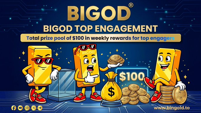 The image features a colorful and whimsical advertisement for a BINGO gaming event. Three cartoon characters representing gold bars are prominently displayed against an abstract blue background with white stars. The text at the top of the image reads "BIGOD TOP ENGAGEMENT". A box in the center indicates that there is a contest to win a $100 prize pool, which seems related to BINGO gaming since two of the characters are playing the game within the advertisement. Two cartoon characters on either side of this central text display their hands and feet with money attached, further emphasizing the theme of the event and enticing potential participants to engage in the competition.