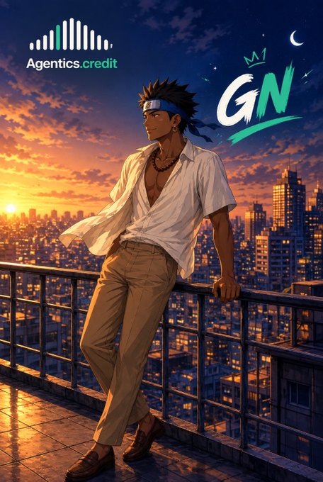 An anime-style illustration of a man with a blue headband and white shirt leaning against a balcony railing overlooking a cityscape at sunset, featuring logos for 'Agentics.credit' and 'GN'.