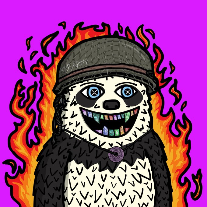 A digital drawing of a grinning panda wearing a dark cap and cloak, sporting colorful crystal-like teeth and X-shaped eyes, surrounded by stylized orange flames against a purple background.