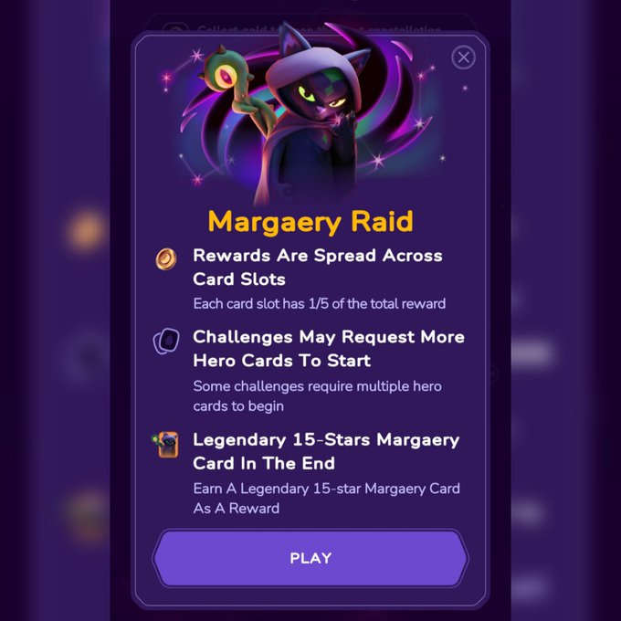 A mobile game interface showing a "Margaery Raid" event popup featuring a hooded character with a staff, listing details like spread rewards across card slots, multiple hero card requirements, and a legendary 15-star reward.