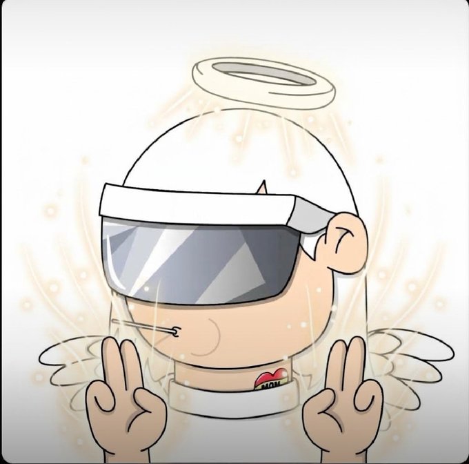 A digital cartoon avatar of a character with angel wings, a halo, and a futuristic VR headset over its eyes, making a peace sign with both hands; a small heart tattoo with "MOM" is visible on its neck.