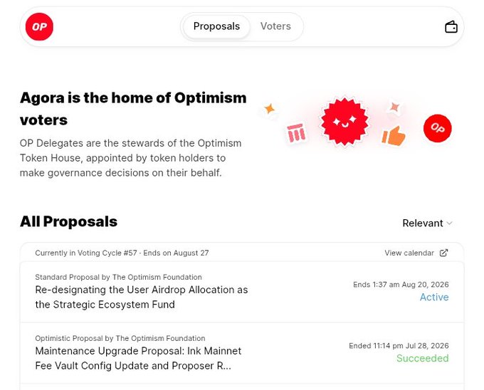 A screenshot of the Optimism (OP) governance page titled 'Agora is the home of Optimism voters', showing active proposals including 'Re-designating the User Airdrop Allocation as the Strategic Ecosystem Fund' ending Aug 20, 2026.