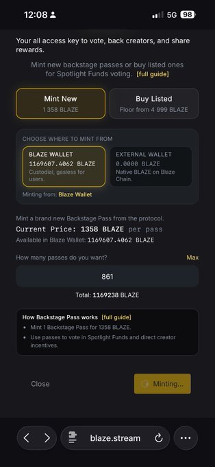 A mobile screenshot of blaze.stream shows a minting interface for Backstage Passes, with the 'Mint New' tab selected and 861 passes being minted for a total of 1,169,238 BLAZE from the Blaze Wallet.