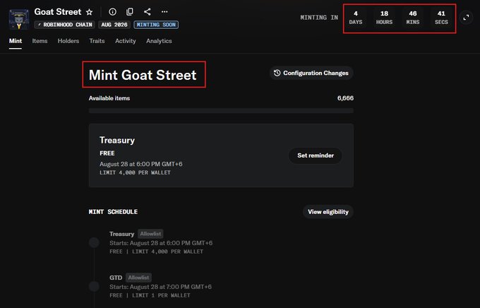 The screenshot shows the "Goat Street" mint page by Cashmere Labs on Robinhood Chain, featuring a countdown of 4 days, 18 hours, 46 minutes, and 41 seconds until the August 28, 2026 mint, with a Treasury phase allowing 4,000 free mints per wallet. The image visually confirms the post's announcement about the mint checker's availability and the upcoming August 28 mint date.