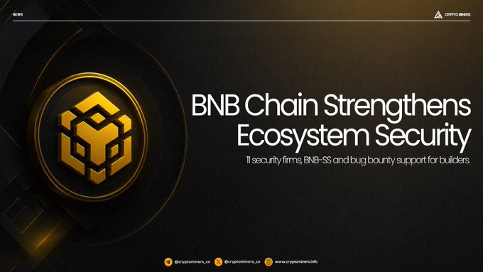 A news banner with a dark background featuring the BNB logo on the left, with white text reading 'BNB Chain Strengthens Ecosystem Security' and a subtitle stating '11 security firms, BNB-SS and bug bounty support for builders.'