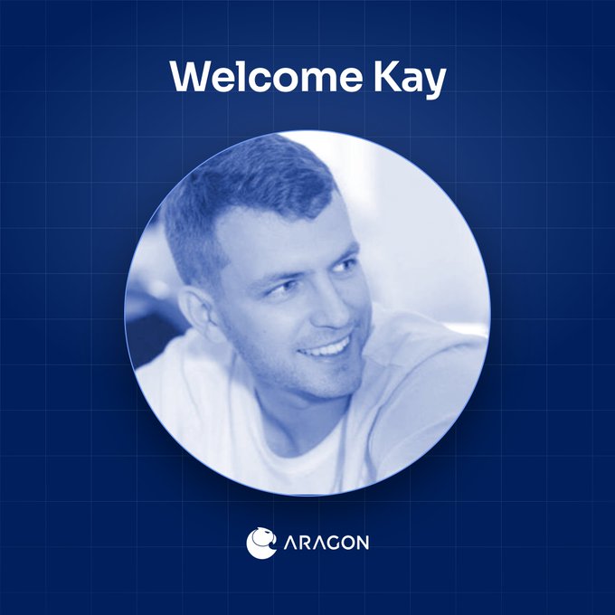 A welcome graphic with a blue grid background featuring a circular photo of a smiling man named Kay and the Aragon logo at the bottom.