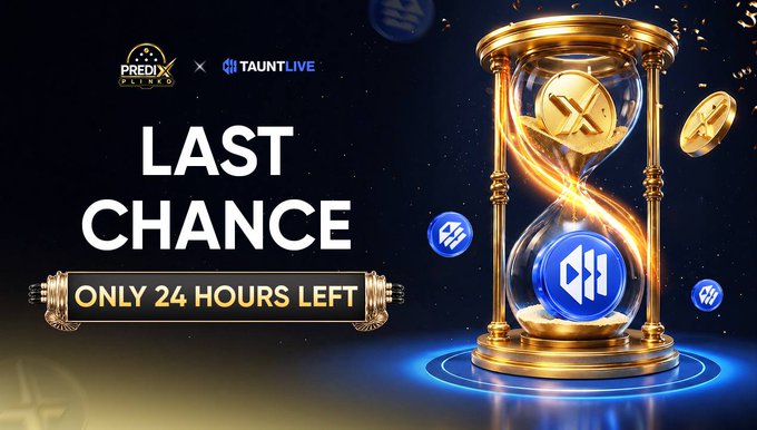 A promotional graphic for 'LAST CHANCE - ONLY 24 HOURS LEFT' featuring logos for PREDIX and TAUNTLIVE alongside an hourglass filled with blue tokens.