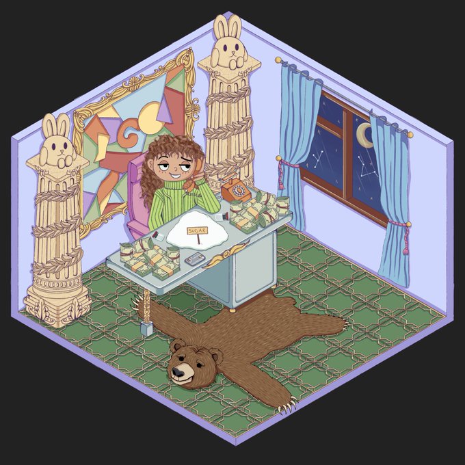 An isometric illustration of a room where a woman sits at a desk covered in stacks of money, with a bear skin rug on the floor and a night sky visible through the window.