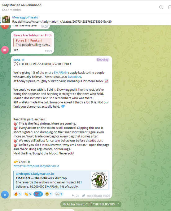 Telegram chat screenshot from 'Lady Marian on Robinhood' discussing 'THE BELIEVERS' AIRDROP // ROUND 1' giving 1% of $MARIAN supply to 981 wallets.