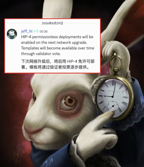 The image features a white rabbit holding a pocket watch, overlaid with a highlighted tweet from "jeff_hl" dated August 29, 2026, announcing that "HIP-4 permissionless deployments will be enabled on the next network upgrade. Templates will become available over time through validator vote." The accompanying post celebrates the mainnet launch of HIP-4 Permissionless Deployment for Hyperliquid, with the rabbit and pocket watch symbolizing the imminent arrival ("time is almost here") of this milestone.