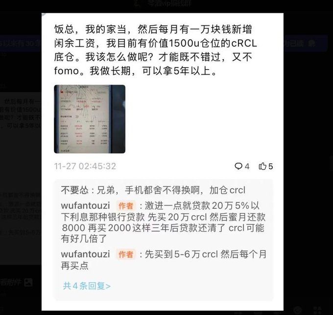The image shows a Chinese social media comment thread discussing CRCL (Circle) stock investment strategy, where a user named "wufantouzi" advises taking an aggressive approach by obtaining a 200,000 yuan bank loan at under 5% interest to buy CRCL shares, with the accompanying screenshot displaying an order interface showing CRCL purchase prices around 117,730-127,202, supporting the recommended leveraged investment strategy.