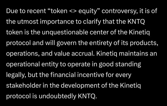 A statement clarifying that the KNTQ token is the central value-accrual mechanism of the Kinetiq protocol, despite the protocol maintaining a separate operational entity, addressing recent "token <> equity" concerns. The image reinforces the post's point by positioning KNTQ as the core financial incentive, analogous to how Hyperliquid's token underpins its broader ecosystem beyond just a perp DEX.