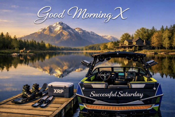 A scenic 'Good Morning X' greeting image showing a lake with mountain reflections, a cabin, and a boat labeled 'Successful Saturday' docked with wakeboards and an XRP cooler on a pier.
