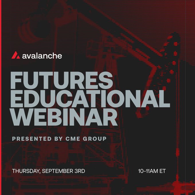 A promotional graphic for the "Futures Educational Webinar" presented by CME Group in partnership with Avalanche, scheduled for Thursday, September 3rd from 10-11AM ET, featuring a red-toned oil pumpjack silhouette in the background that ties into the futures trading theme.