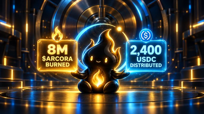 A digital graphic showing a flame character flanked by two data panels reading '8M $ARCORA BURNED' and '2,400 USDC DISTRIBUTED' against a metallic, neon-blue background.