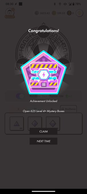 A "Congratulations!" notification appears on a STEPN app screen, celebrating the "Achievement Unlocked" for opening 625 Level 4+ Mystery Boxes, marked with a glowing purple and yellow badge. The achievement ties directly to the post's excitement about earning an unexpected badge after opening many mystery boxes, with the user ready to chase the next milestone of Rank 5.