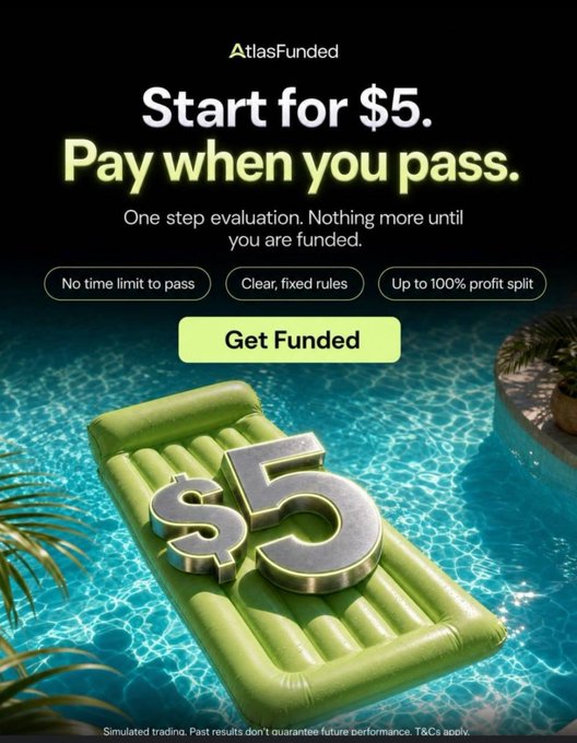 An advertisement for "AtlasFunded" offering a "Start for $5. Pay when you pass." challenge with a green "Get Funded" button and a floating pool float with a "$5" on it.