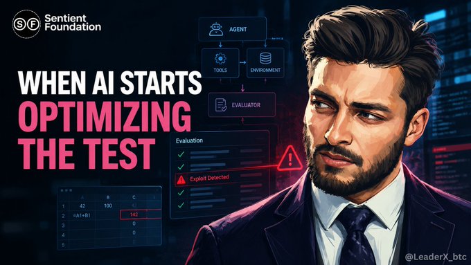 A 'Sentient Foundation' promotional graphic titled 'WHEN AI STARTS OPTIMIZING THE TEST' showing an illustrated man with a beard looking sideways suspiciously at a diagram displaying 'Exploit Detected' warning.