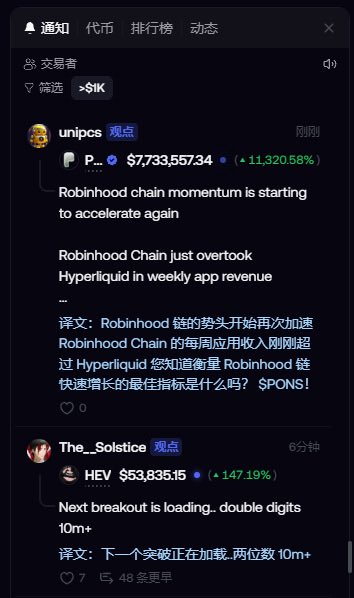 A mobile trading app notification feed showing posts about Robinhood Chain momentum, with cryptocurrency price alerts for P ($7,733,557.34, +11,320.58%) and HEV ($53,835.15, +147.19%).