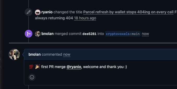 A GitHub pull request interface showing ryanio changed the title 'Parcel refresh by wallet stops 404ing on every call F' and bnolan merged commit dee5281 into cryptovoxels:main, with bnolan commenting '🎉 first PR merge @ryanio, welcome and thank you :)'.