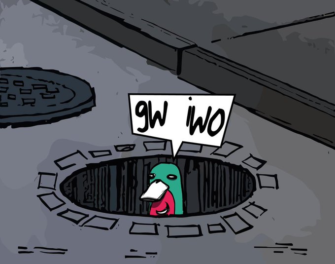 An Among Us character with a paper mask peeks out of a manhole in a comic-style illustration, with a speech bubble reading '9w iwo'.