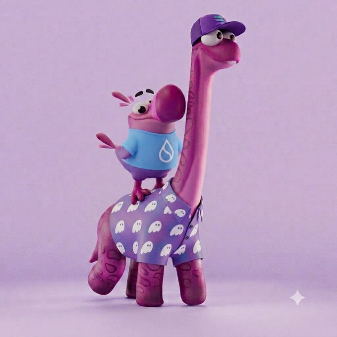 A 3D-rendered pink dinosaur wearing a purple cap and ghost-patterned shorts, with a smaller pink creature in a blue shirt riding on its back.