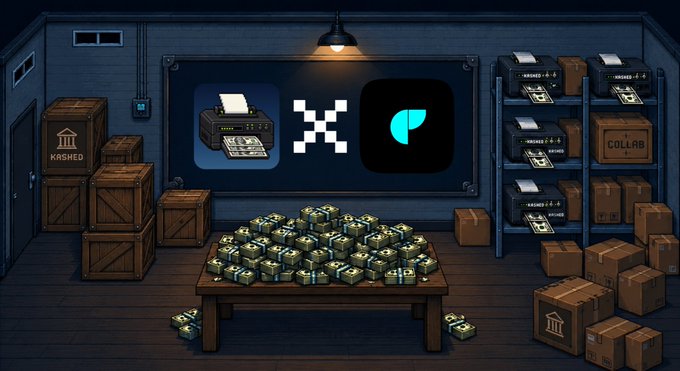 A pixel-art warehouse scene shows stacks of money, crates labeled "KARMED" and "COLAB", and a screen displaying a printer, an X mark, and a glowing blue logo.