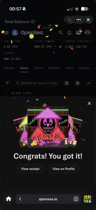 A screenshot of the OpenSea NFT marketplace on a mobile browser showing a "Congrats! You got it!" confirmation pop-up for a pixelated character NFT.