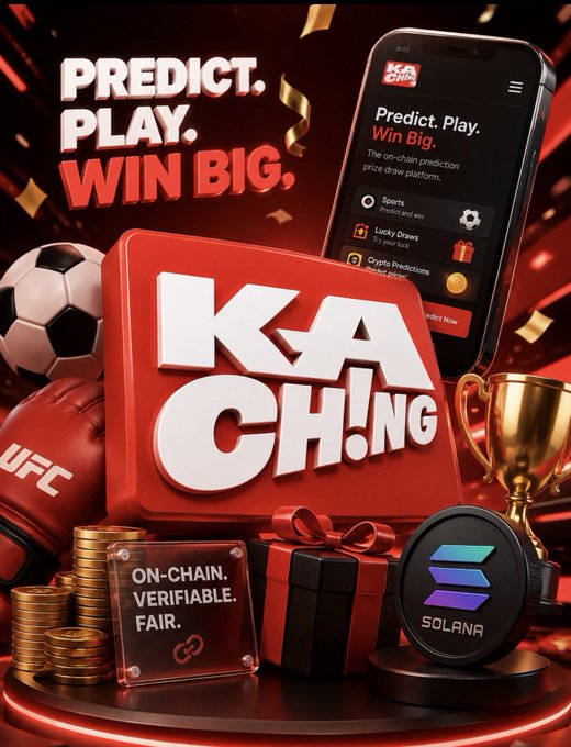 A promotional graphic for Kaching, an on-chain sports prediction platform, featuring the tagline "Predict. Play. Win Big." alongside imagery of a smartphone app interface, a UFC boxing glove, soccer ball, gold trophy, Solana logo, and a sign reading "On-chain. Verifiable. Fair." The visual elements directly illustrate the post's description of KachingVIP's offerings, combining sports (football, UFC), crypto predictions, and transparent on-chain prize draws.