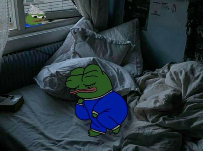 A meme featuring a sad Pepe the Frog character in blue pajamas lying on a bed in a messy bedroom, with a smaller Pepe wearing a shower cap peeking through the window.