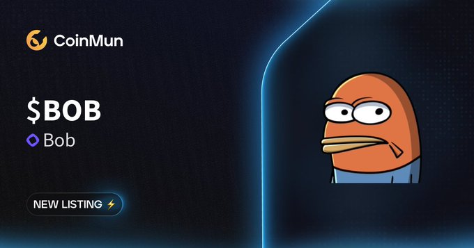 The image shows a promotional poster for CoinMun. The central figure is a cartoon fish named Bob, who seems to be trying to sell something. In front of Bob are text elements that inform viewers about the coin listing process. The text states "New Listing @BobMonad $BOB" and "Market Cap: $192,187 Discover here: coinmun.com/coins/bob-5 #NewListing #CoinMun". These descriptions provide information on how to access this particular listing for Bob and what are the details of its market cap.