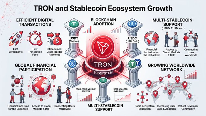 The infographic illustrates the "TRON and Stablecoin Ecosystem Growth," centered around the TRON logo, with surrounding pillars highlighting key features: USDT (Tether) and USDC for blockchain adoption, multi-stablecoin support, efficient digital transactions (fast settlements, low fees, cross-border payments), global financial participation, and a growing worldwide network. It visually reinforces the post's message about TRON's expanding role in facilitating significant stablecoin activity and driving blockchain adoption.