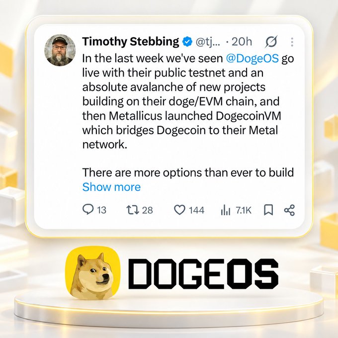 A tweet from Timothy Stebbing @tj... discussing DogeOS launching their public testnet, Metallicus launching DogecoinVM, and new projects building on the doge/EVM chain, with the DogeOS logo displayed below.