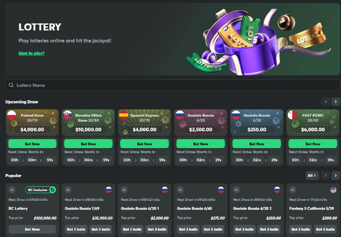 A screenshot of an online lottery website displaying various upcoming draws (e.g., 'Poland Keno', 'Slovakia EKlub') with prize amounts and a 'Popular' section below.