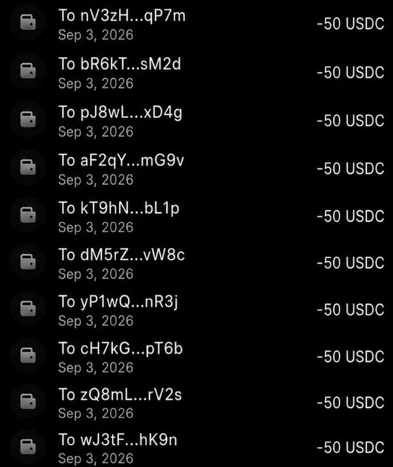 A transaction history screen shows multiple outgoing transfers of -50 USDC dated Sep 3, 2026, to various alphanumeric wallet addresses.