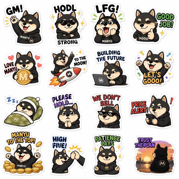 A collection of cartoon Shiba Inu stickers branded "MANYU" with various crypto-themed messages like "GM!", "HODL", "LFG!", and "TO THE MOON!".