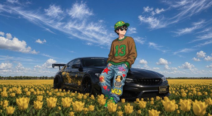 An anime character wearing a green cap, sunglasses, and a brown jersey with "13" stands next to a black sports car in a field of yellow tulips under a bright blue sky.