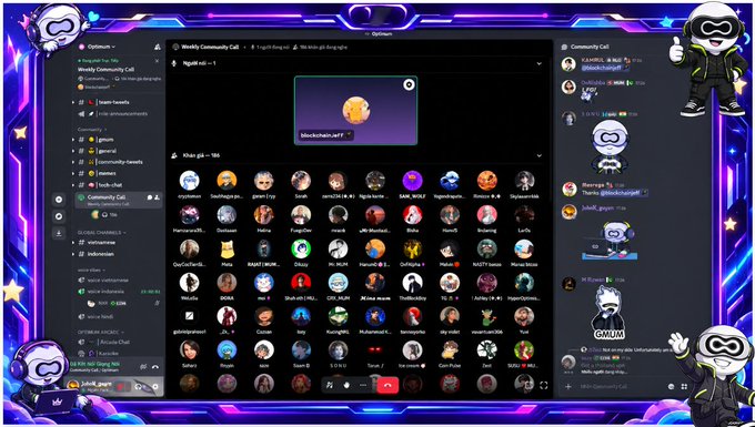 A screenshot of a Discord voice call interface titled "Weekly Community Call" featuring various user avatars and a decorative frame with hooded skull mascots.