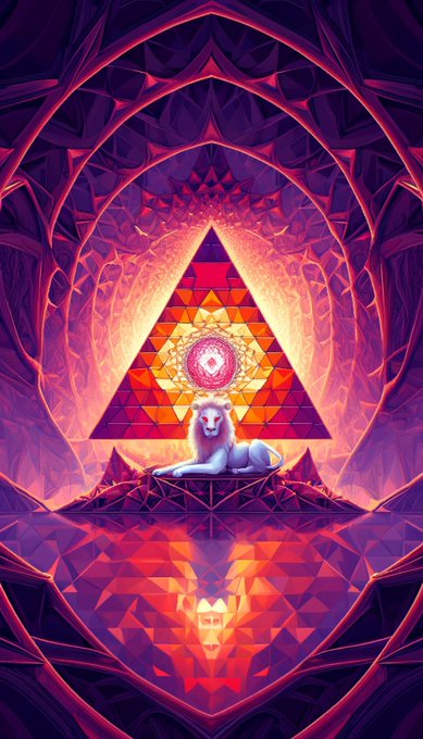 A vibrant digital artwork featuring a glowing red and purple triangular pyramid mandala with a white lion resting at its center, surrounded by intricate sacred geometry patterns and a reflection below.