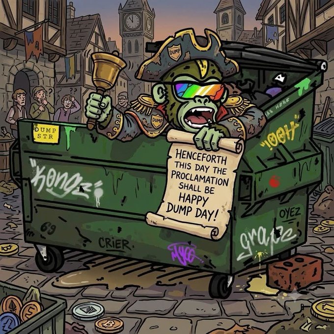 A cartoon illustration of a green gorilla dressed as a town crier in a dumpster, holding a scroll that reads 'Henceforth this day the proclamation shall be Happy Dump Day!'.