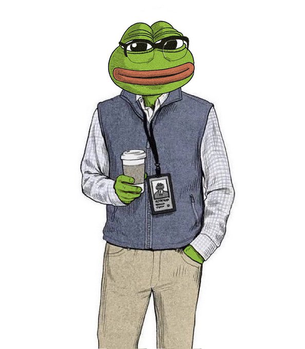 An illustration of a frog wearing glasses and a blue vest holding a coffee cup with an ID badge.