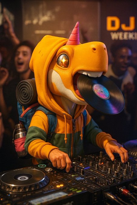 A 3D-rendered orange dinosaur character wearing a hoodie works as a DJ, biting a vinyl record while operating a mixing console in front of a crowd.