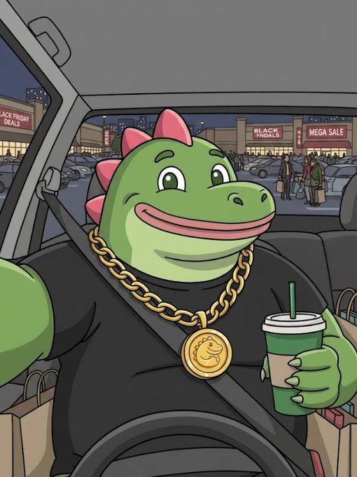 A cartoon illustration of a green dinosaur (resembling the PEPE meme character) wearing a black shirt and a large gold chain with a pendant, sitting in a car seat holding a Starbucks-like cup, with a 'BLACK FRIDAY MEGA SALE' mall visible outside the window.